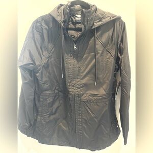 Windbreaker black jacket, brand new with tags, heavy material, zip up hoodie.